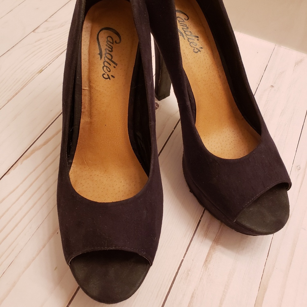 Womens Black Suede Open Toed Heels